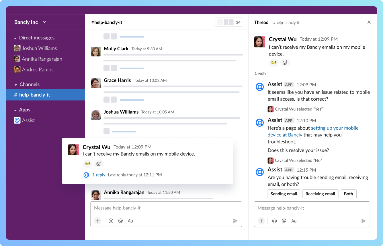 L'agent virtuel, une fonctionnalité de Jira Service Management Premium utilisée dans un canal d'aide Slack